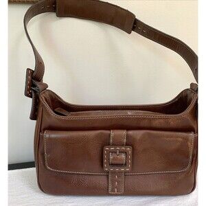 VTG Y2K Baguette Bag Chocolate Brown Faux Leather Buckle Shoulder Stitched JNY